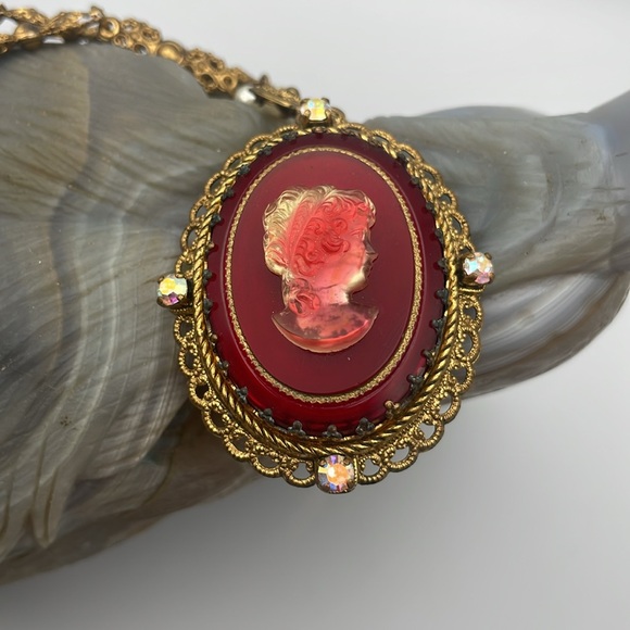 Western Germany glass cameo filigree necklace A17 🔥 - Picture 2 of 7